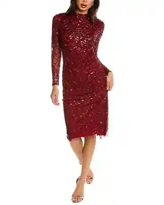 $495 Aidan Mattox Womens Red High-Neck Long-Sleeve Beaded Cocktail Dress Size 10 • $184.99