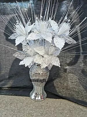 Silver Bling Mosaic Romany Mirror 30cm Vase With Set Of Flowers And Silver Spray • £30.99