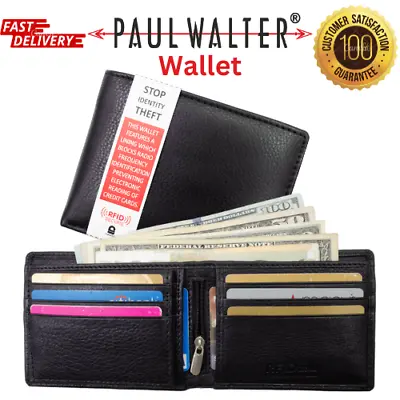 Mens Bifold Genuine Leather Black Wallet With RFID Blocking Center Zipper • $14.99