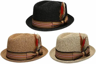 Fedora Pork Pie Straw Hat W/ Striped Band And Removable Feather Summer Cool Hat • $24.98