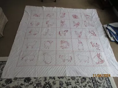 Vintage Embroidery Farmhouse Animals CUTTER Quilt 80  X 76  Hand Stitched RED • $41