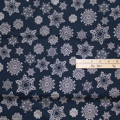 NAVY Blue  With Metallic Silver Snowflakes Christmas Fabric  25  X 42  • $4.54