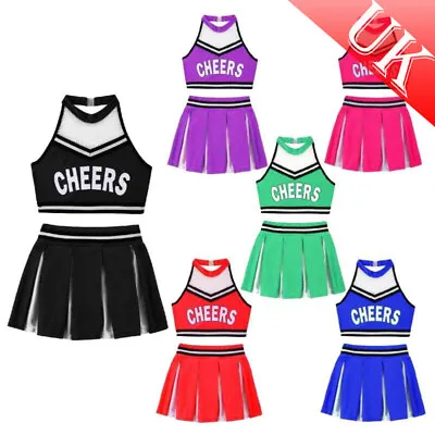 UK Kids Cheerleading Uniform Girls Cheerleader Dance Costume Crop Top With Skirt • £20.19