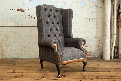 Handmade Tan Brown Tweed Wool & Leather Chesterfield Wing Chair High Back • £795