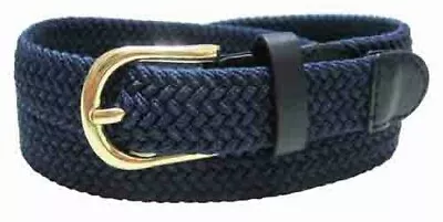 Navy Thin Gold Buckle Woven Elastic Stretch Belt 1  Wide Casual Matching Tip • $14.88