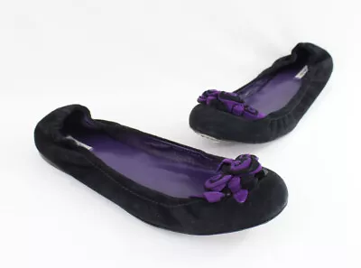 Miu Miu Auth Black Purple Suede Flower Ballet Flat Shoe 39 9 • $89