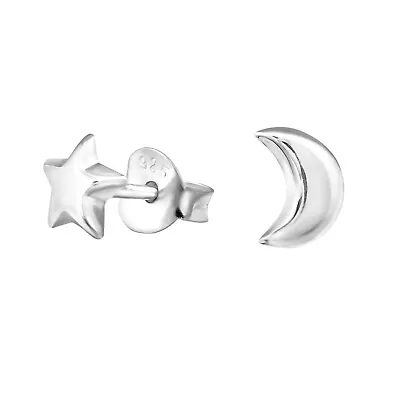$9.99 • Buy Star And Moon Stud Earrings 925 Sterling Silver Push Back