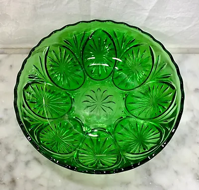 Vintage Green Glass Crystal Cut Candy Bowl-Pressed Glass Bowl-Scalloped Rim 8  • $24