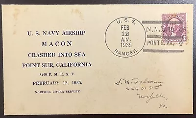 USS Macon Airship USS Ranger Cancel Norfolk Cover Service Cachet 1935  Rare • $50