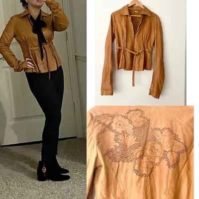 $250 • Buy Vintage Roberto Cavalli Leather Jacket Top Perforated Rose Cognac Tan Large EUC