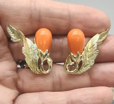 Vintage Signed Sarah Coventry  Gold Tone Orange Bead Leaf Clip On Earrings I37 • $10