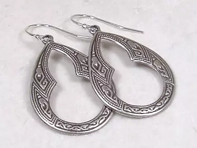 Moroccan Style Teardrop Hoop Silver Plated Brass Stamped Drop Earrings • $14.99