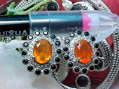 🔥 NATURAL MEXICAN FIRE OPAL EARRINGS AAA+ 8x6mm &BLACK SPINEL-WHITE SAPP 925 SS • $39.99