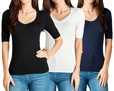 $9.99 • Buy Junior & Junior Plus Casual Basic Cotton V Neck Elbow Sleeve T-Shirt Workout Top