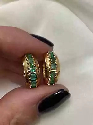 Natural Vintage Emerald Hoop Earrings 1.4Ct Round  14K Yellow Gold Plated • $144.98