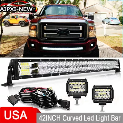 Fit Ford F-150/SVT Raptor 42  Curved LED Light Bar Bumper Grille+2x 4  Pods Kit • $78.98