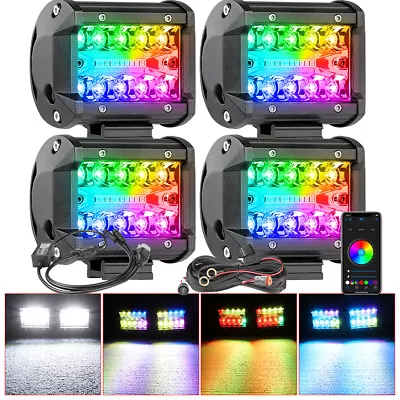4x 4  LED Work Lights Pods RGB Halo Color Spot Flood Bluetooth Strobe Wiring Kit • $125.99