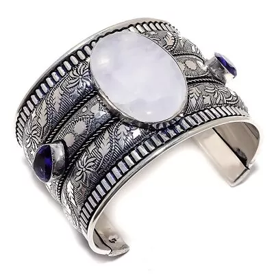 Rainbow Moonstone Amethyst 925 Sterling Silver Cuff Bracelet Adjustable • $23.75