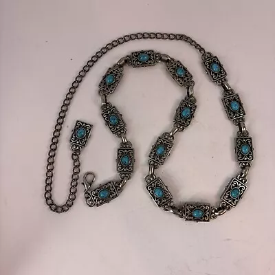 Vintage Silver Tone Simulated Turquoise Concho Belt Adjustable • $19.98