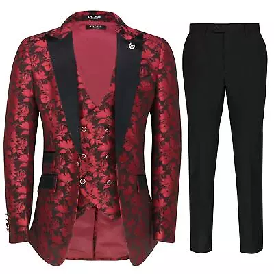 Mens Grooms Maroon 3 Piece Wedding Suit Vintage Paisley Tailor Fit Tuxedo Jacket • £119.99