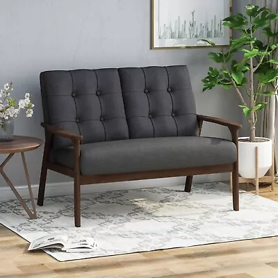 Samulle Mid Century Waffle Stitch Tufted Accent Loveseat With Rubberwood Legs • $205.35