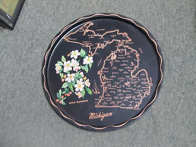 Vintage   MICHIGAN      Black State Round Metal Tray Souvenir  11 INCHES • $6.95