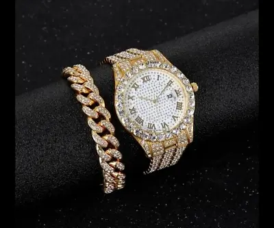 Mens Gold Plated Iced Hip Hop Bling Watch & Bracelet Diamond Effect Mens Gift-UK • £22.99