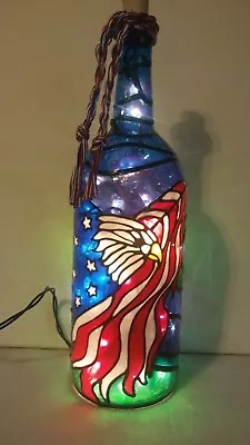 American Eagle Flag Bottle Lamp Hand Painted Lighted Stained Glass Look • $54.95