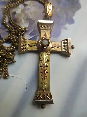 Victorian Etruscan Revival Cross Necklace In Gold Fill Antique Religious Necklac • $245