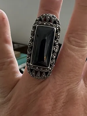 Antique Art Deco Era Sterling Silver 925 Onyx Mourning Ring Huge Ring • $88