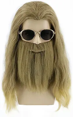 Topcosplay Wig With Beard Mens Long Curly Ash Blonde Wig Halloween Costume Wigs • £36.19