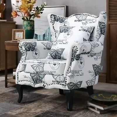 High Back Wing Armchair Retro Fabric Upholstered Queen Anne Leg Chair Fireside • £209.95