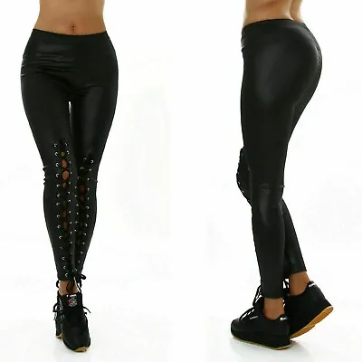Sexy Leather Look Biker Leggings Black Plain Silver Eyelets Lace Up Stretch • £14.95