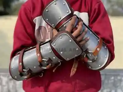 Medieval Steel & Leather Bracer Viking Battle Gauntlet Gloves Retro Strap Buckle • $160.95