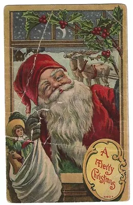 SANTA CLAUS Vintage Postcard MERRY CHRISTMAS Reindeer/Toys/Doll/Holly C.1910 • $0.99
