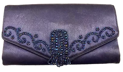 Purse Clutch Magid Wing Black Beaded Scrolls Satin Evening Bag Vtg 8 X 4.25 In O • $12.50