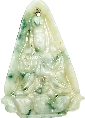 Quan Yin Jadeite Gemstone Pendant 44mm X 31mm Artisan Carved Vintage Bead #4 • $39.97