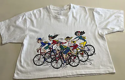 90s Bike Race Cartoon T-Shirt Women's Vintage Crop Made USA L • $9.99