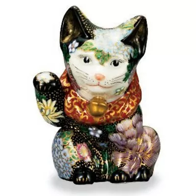 Maneki Neko KUTANI YAKI WARE Lucky Beckoning Cat Gold Full Flower Japan 12.3cm • $1567.50