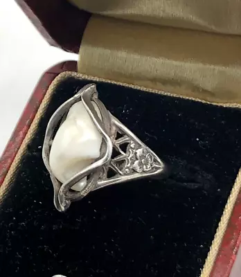 Antique Arts And Crafts Sterling Silver Mississippi River Pearl Flower Ring S 3 • $75