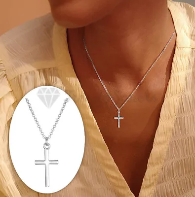 18ct Gold Plated Silver Cross Chain Necklace Jesus Crucifix Pendant Jewelry Gift • £3.95