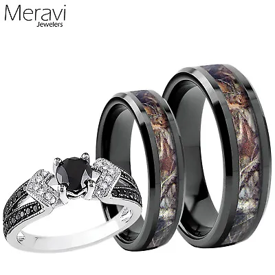 🔥Black Tungsten Mossy Forest Oak Camo Band CZ Sterling Silver Wedding Ring Set • $57.95