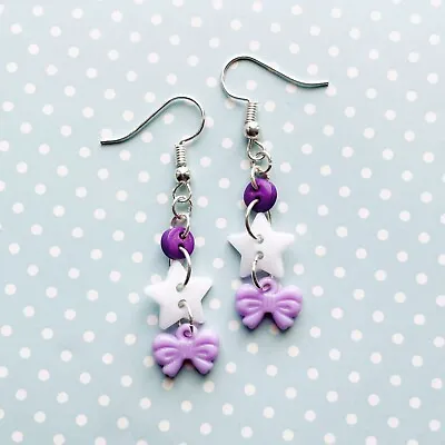 Handmade Purple White Star Bow Button Drop Dangly Earrings ~Vintage~Love~60s • £3