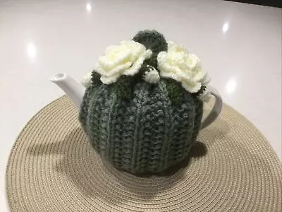 4 Cup Tea Pot Cosy Mid Blue  Hand Knitted With Crochet Roses & Buds EXTRA THICK • $25