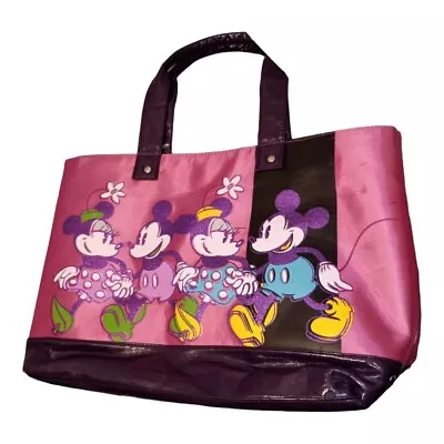 Disney Pink/ Purple Satin & Shine Minnie & Mickey Mouse Shoulder Bag Travel Tote • £10.69