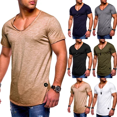 Mens Short Sleeve V Neck T Shirt Tops Casual Slim Fit Solid Thin Summer Tunic UK • £8.24