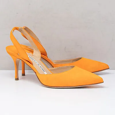 MANOLO BLAHNIK Carolyne Neon Orange Suede Slingbacks Size 35 EU / 5 US • $114.95