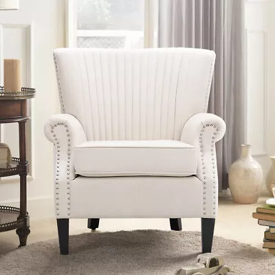 Chesterfield Fabric Armchair Shell Wing Back Chair Queen Anne Sofa Seat - Creamy • £159.95