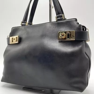 Vintage Salvatore Ferragamo Black Leather Handbag Gold Gancini Made In Italy • $208