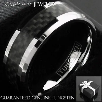 Tungsten Carbide Men's Ring Silver With Black Carbon Fiber Stripe Wedding Band • $15.99